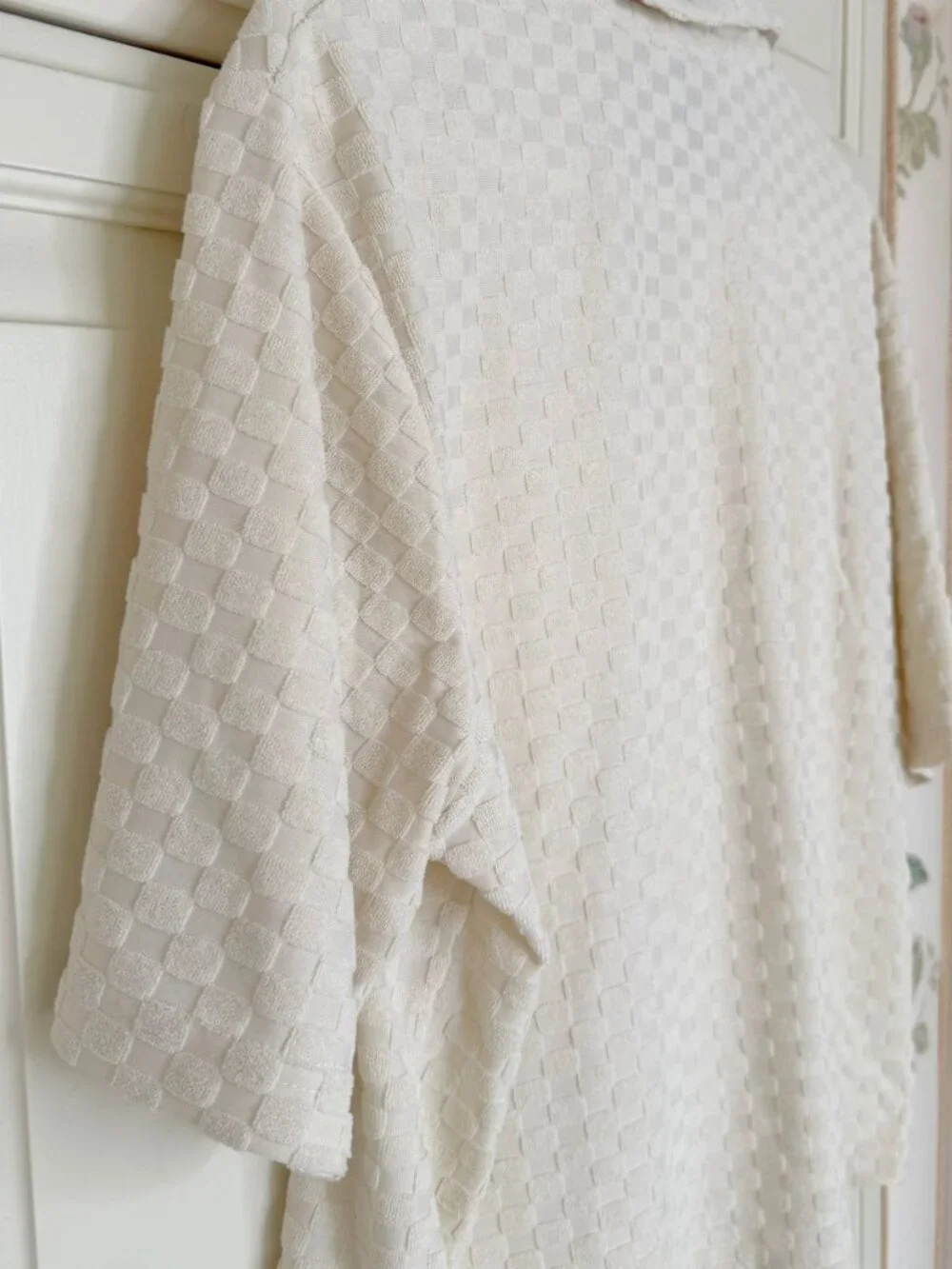 CIDER Cream Textured Check Collared Button Up Top Small